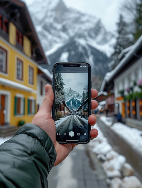 Free Photo view of person creating travel content with smartphone