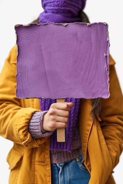 Free photo view of person holding blank purple placard for womens day celebration