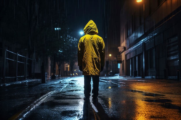 View of person in yellow raincoat on scary street at night