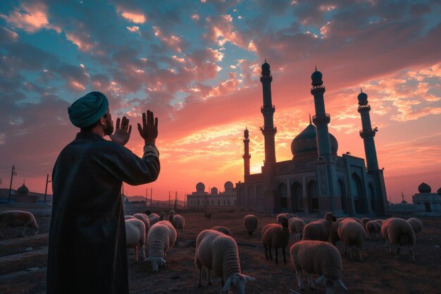 View of photorealistic muslim people with animals prepared for the eid al-adha offering