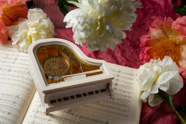 View of piano shaped music box with bohemian decor