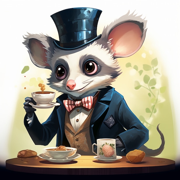 View of possum cartoon character as an aristocrat