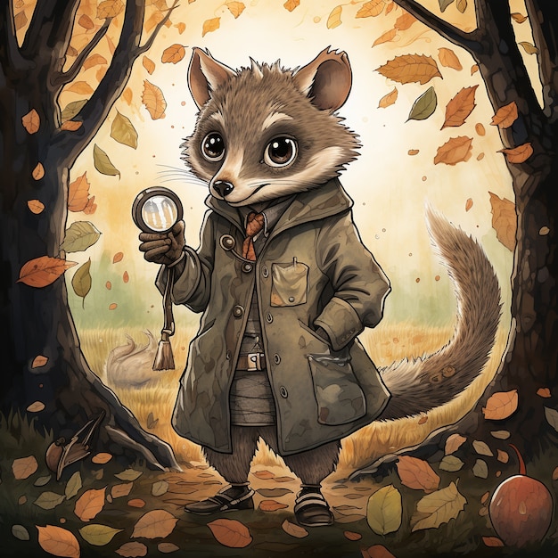 View of possum cartoon character as detective