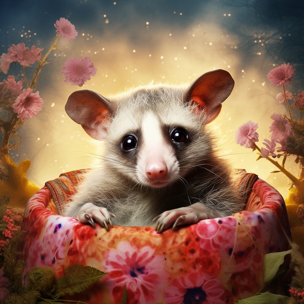 Free Photo view of possum cartoon character with flowers