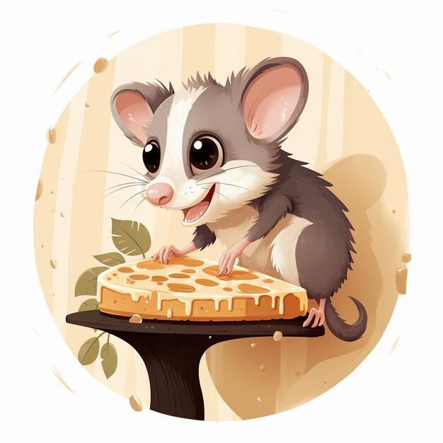 View of possum cartoon character with pizza slice