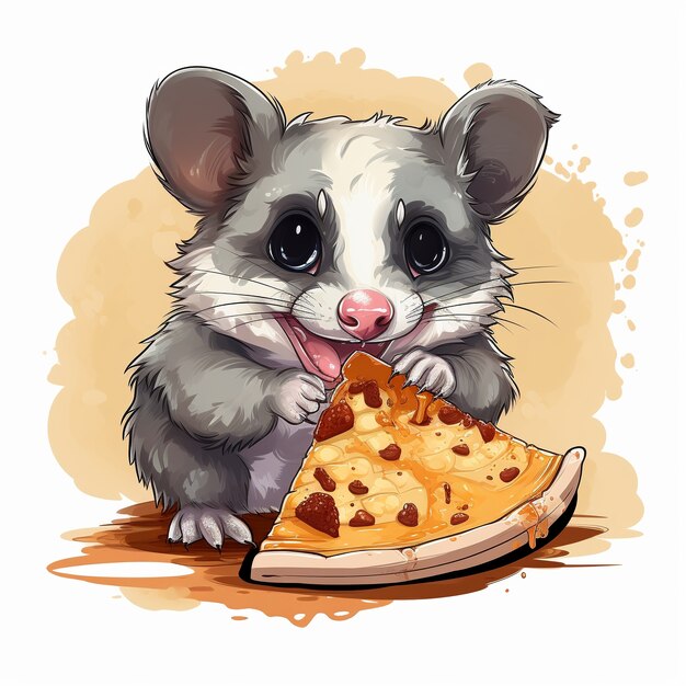 View of possum cartoon character with pizza slice