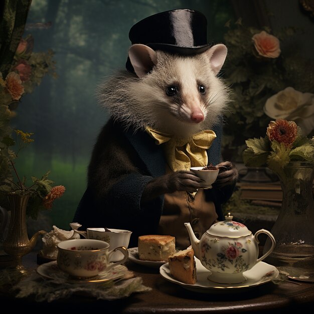 View of possum cartoon character with teacup