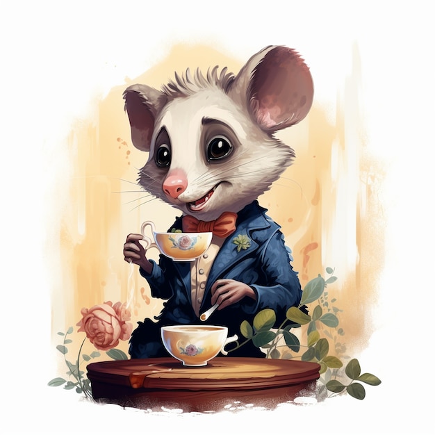 Free Photo view of possum cartoon character with teacup