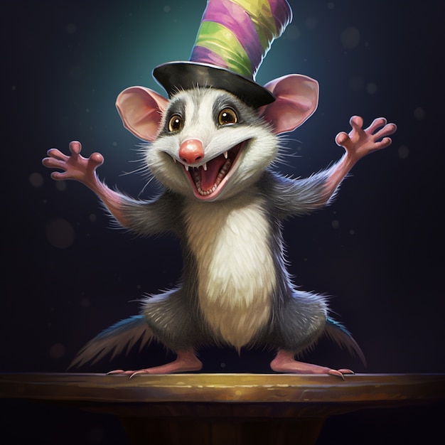 Free Photo view of possum cartoon character with top hat