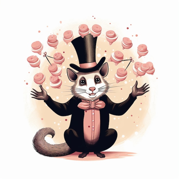 Free photo view of possum cartoon character with top hat