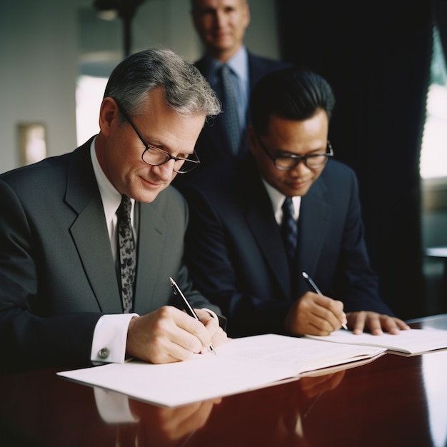 View of professional business people working together