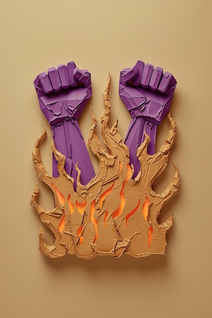 Free photo view of purple fists with fire for womens day celebration