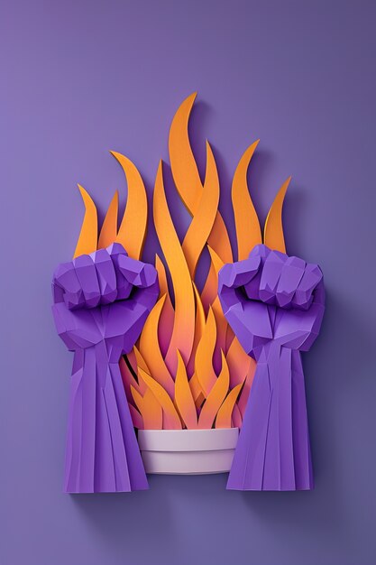 View of purple fists with fire for womens day celebration