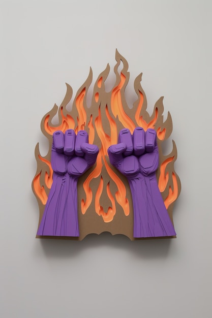 View of purple fists with fire for womens day celebration