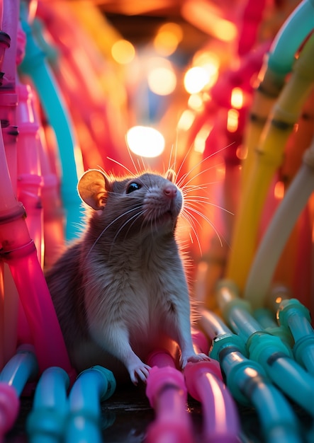 Free photo view of rat with colorful pipes