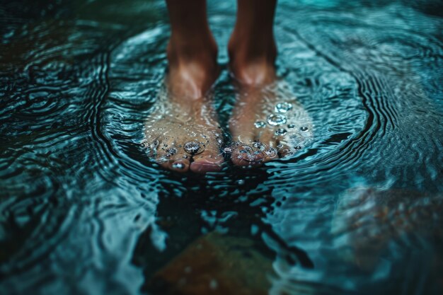 View of realistic feet touching clear running water