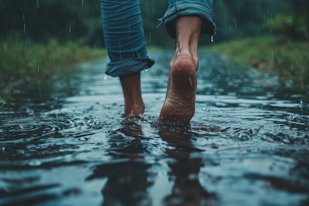 View of realistic feet touching clear running water