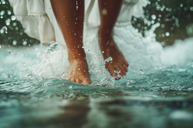 View of realistic feet touching clear running water