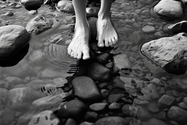 View of realistic feet touching clear running water