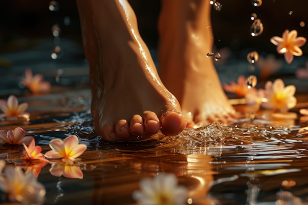 Free Photo view of realistic feet touching clear running water