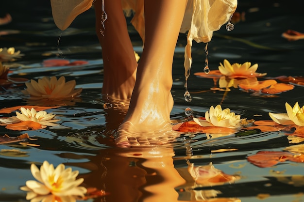 View of realistic feet touching clear running water