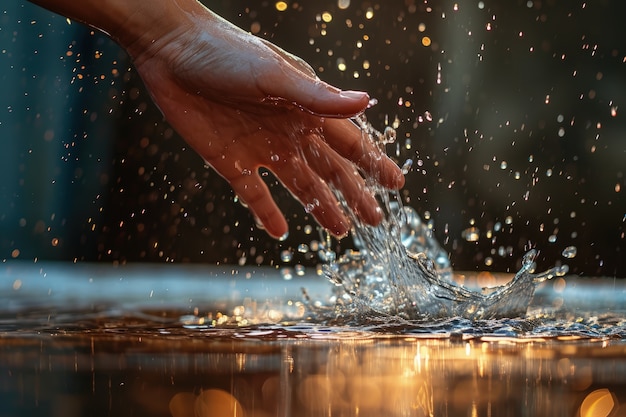 Free photo view of realistic hand touching clear flowing water