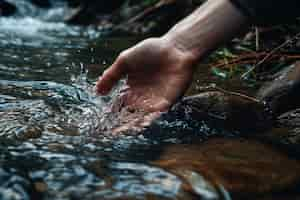 Free photo view of realistic hand touching clear flowing water