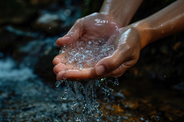 Free photo view of realistic hands touching clear flowing water