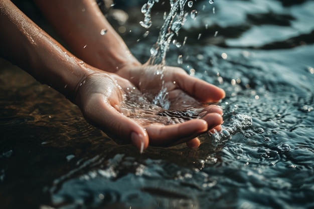 Free photo view of realistic hands touching clear flowing water