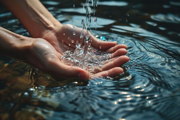 Free Photo view of realistic hands touching clear flowing water