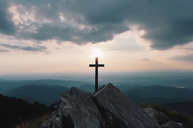 Free photo view of religious cross on mountain top with sky and clouds