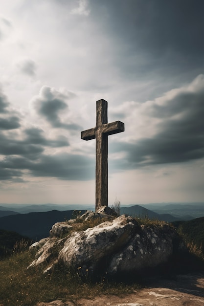 View of religious cross on mountain top with sky and clouds