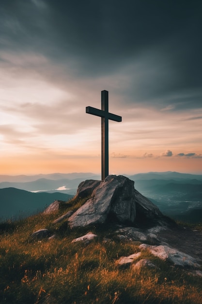 Free photo view of religious cross on mountain top with sky and clouds