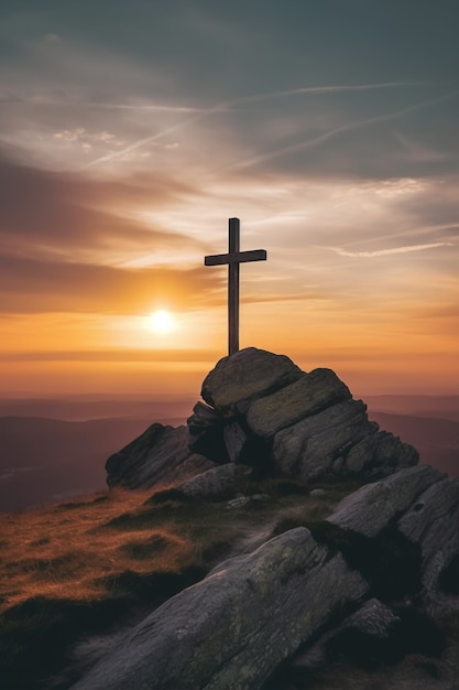 View of religious cross on mountain top with sky and clouds