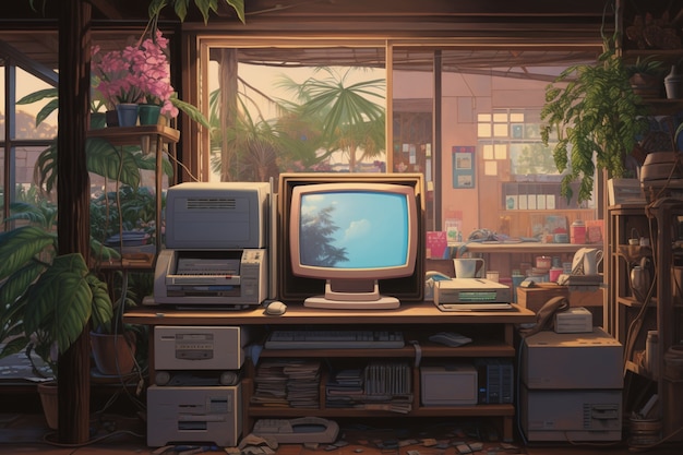 Free Photo view of retro looking computer on desk workstation