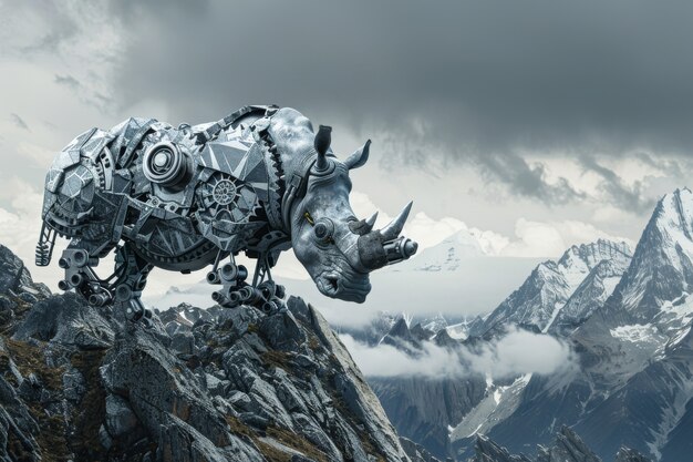 View of rhinoceros animal with futuristic robotic parts