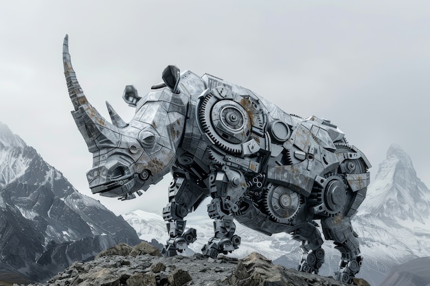 View of rhinoceros animal with futuristic robotic parts