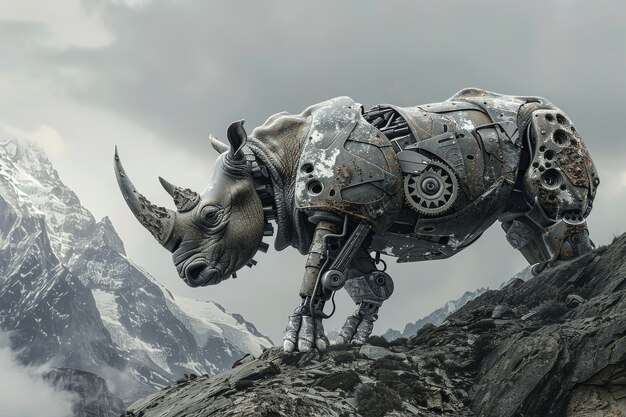 View of rhinoceros animal with futuristic robotic parts