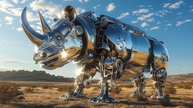 View of rhinoceros animal with futuristic robotic parts