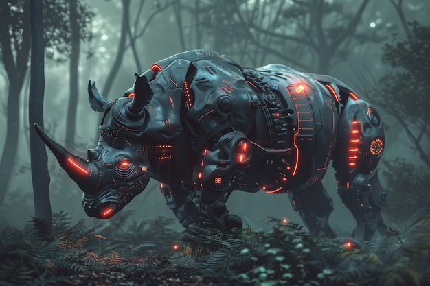 View of rhinoceros animal with futuristic robotic parts