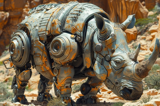 View of rhinoceros animal with futuristic robotic parts