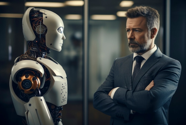 View of robot next to human businessperson