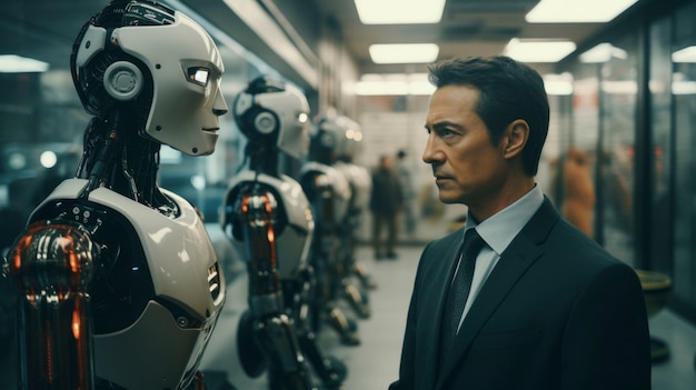 View of robot next to human businessperson