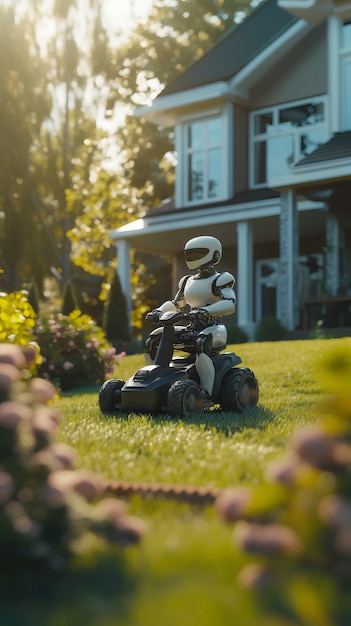 Free photo view of a robot taking care of a garden