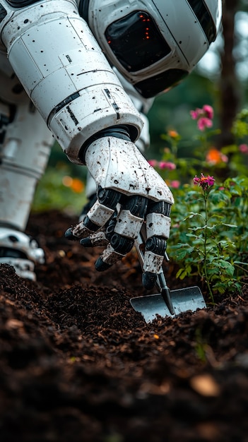 View of a robot taking care of a garden