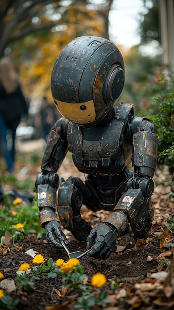 Free photo view of a robot taking care of a garden