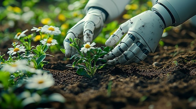 View of a robot taking care of a garden