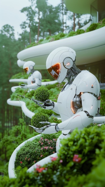 Free photo view of a robot taking care of a garden