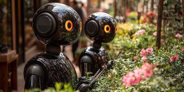 Free photo view of a robot taking care of a garden