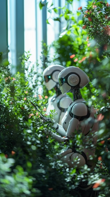 Free photo view of a robot taking care of a garden